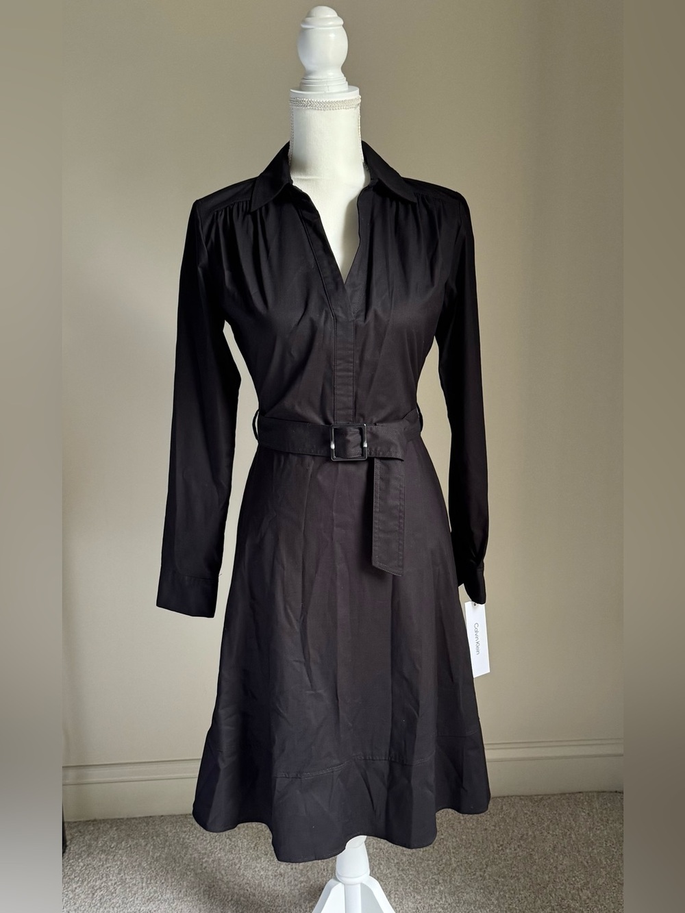 CALVIN KLEIN Black Belted Long Sleeve Shirt Dress Sz 2